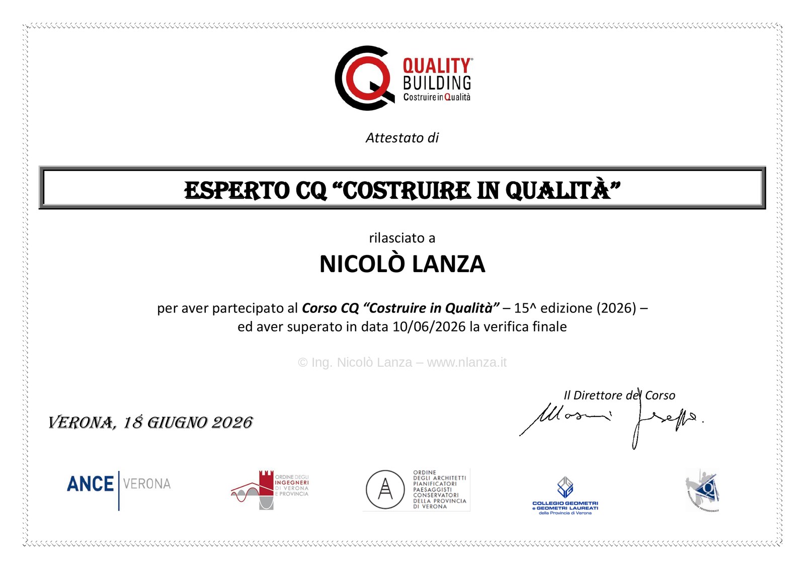 Esperto CQ “Costruire in Qualità” – Nicolò Lanza