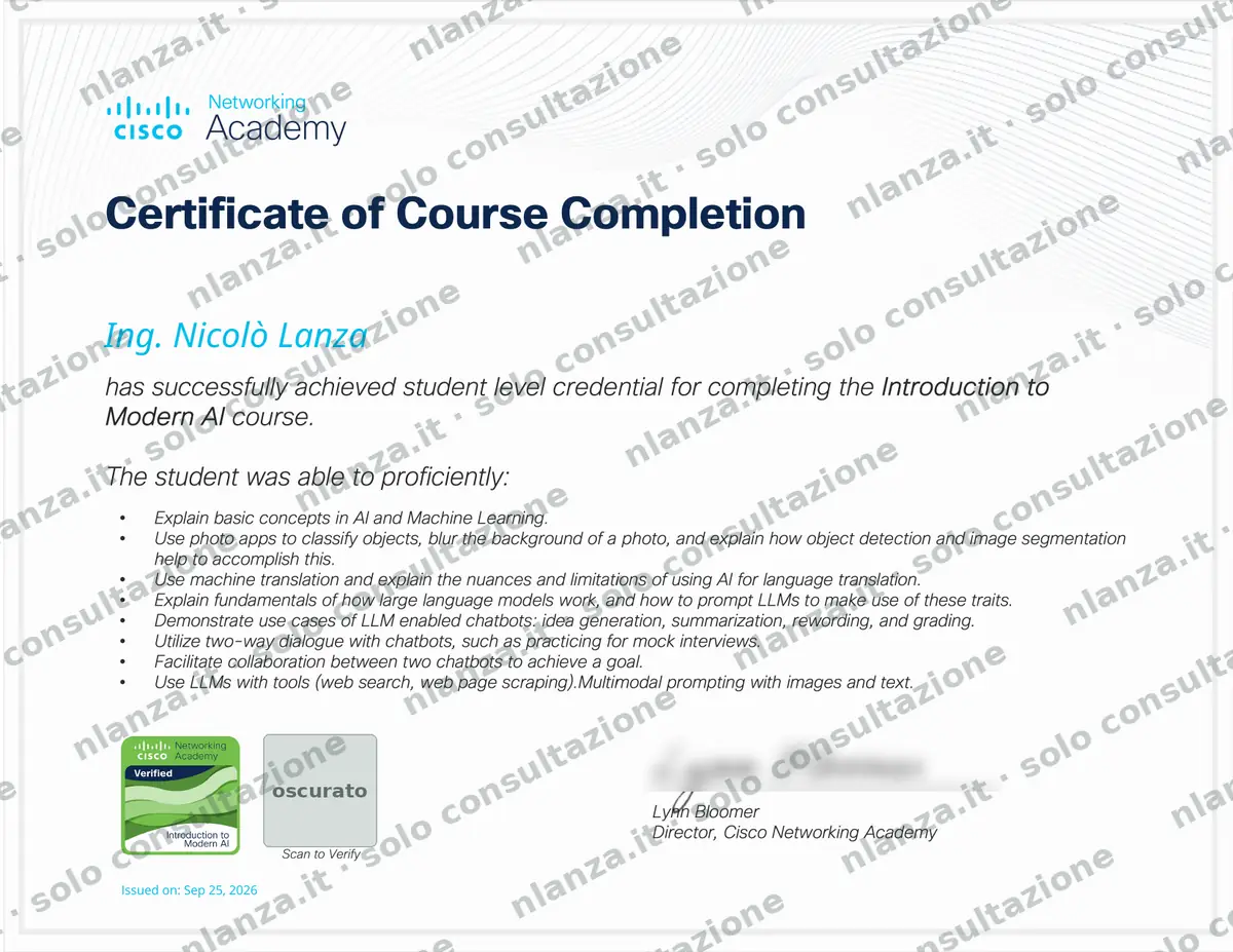 Certificato Introduction to Modern AI – Nicolò Lanza