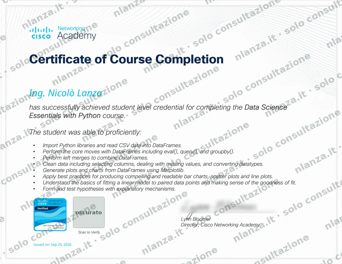 Certificato Data Science Essentials with Python – Nicolò Lanza