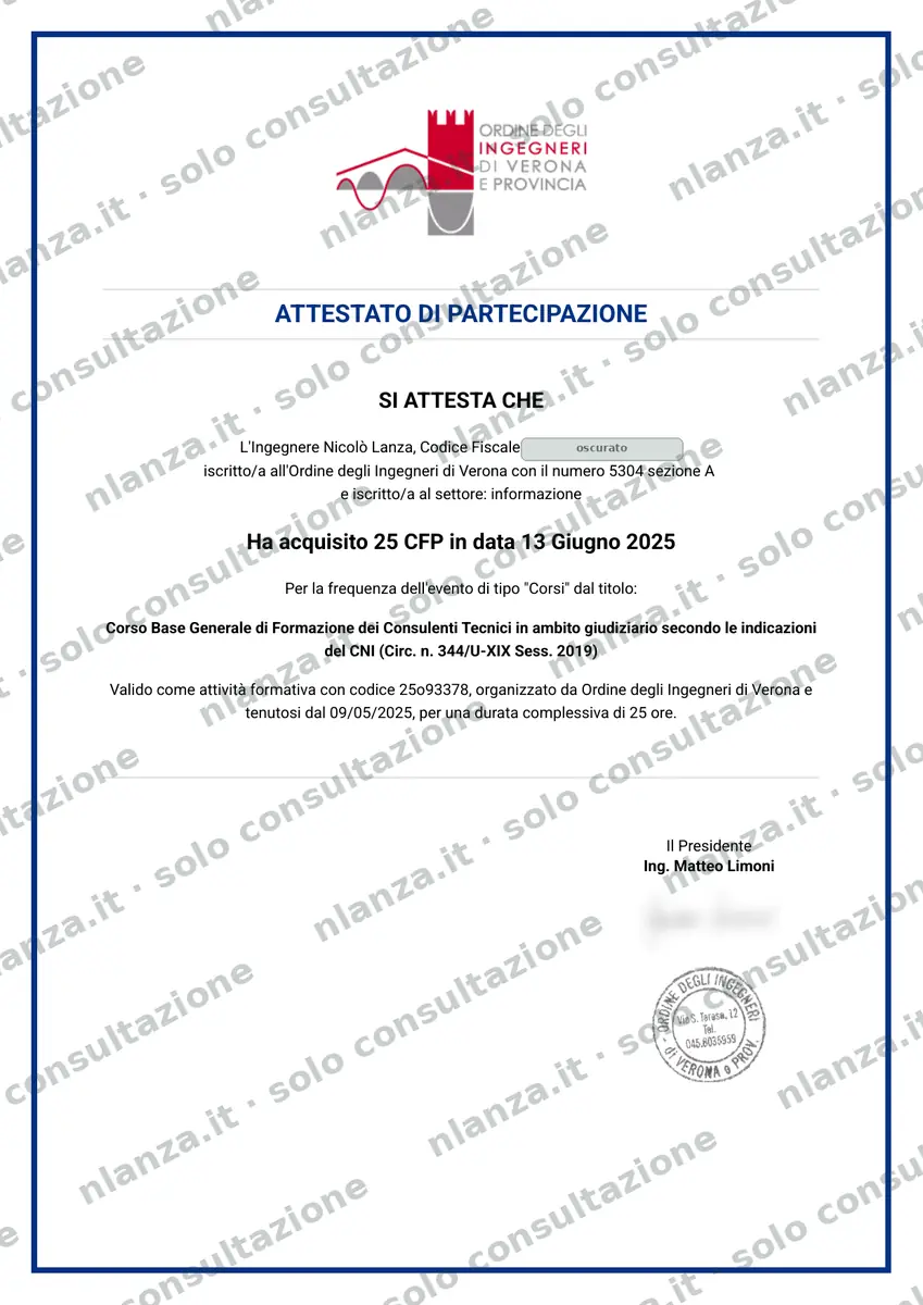 Certificato Consulente tecnico in ambito giudiziario – Nicolò Lanza