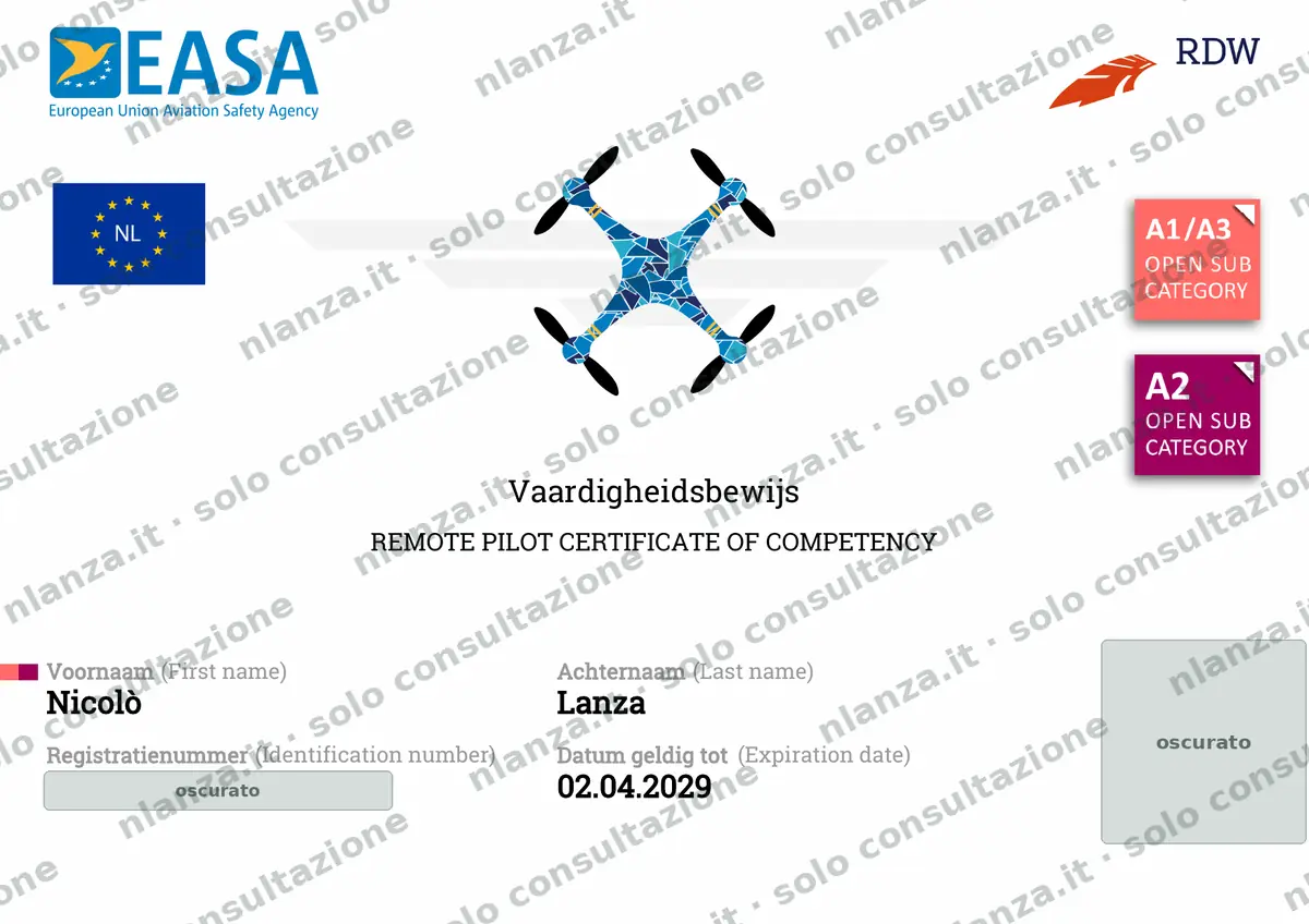 Certificato Pilota remoto di droni – Open A1/A3 e A2 – Nicolò Lanza