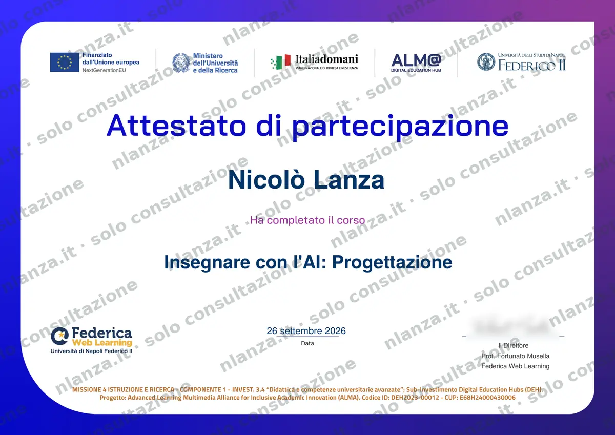 Certificato Insegnare con l'AI: Progettazione – Nicolò Lanza