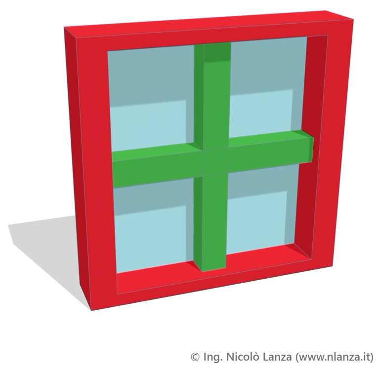 Finestra con telaio rosso, vetro azzurro e croce verde