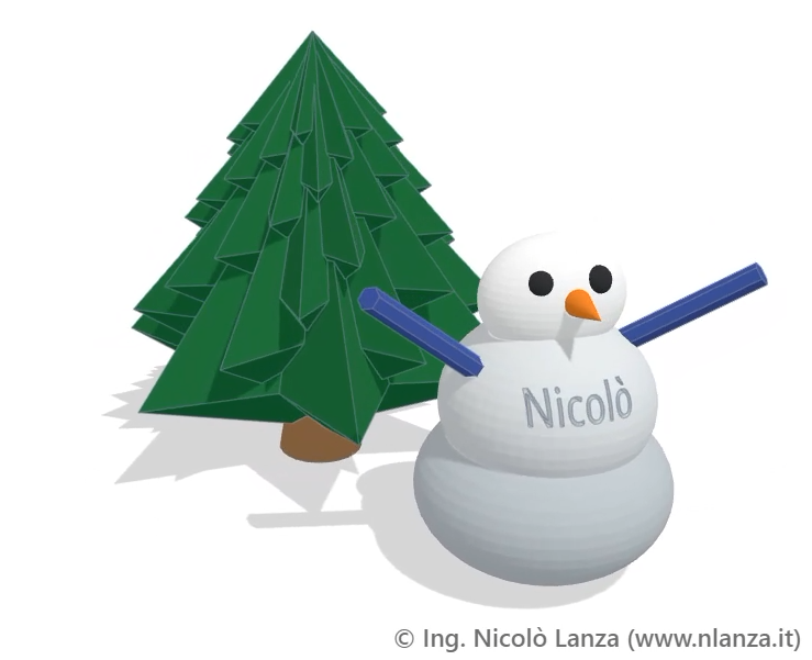 Pupazzo di neve con il nome sul corpo e un abete